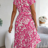 Floral Pleated Tie - Waist Midi Dress