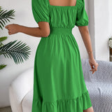 Square Neck Puff Sleeve Smocked Waist Ruffle A-Line Dress