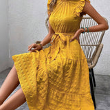 Ruffled Flutter Sleeve Belted Textured Midi Dress