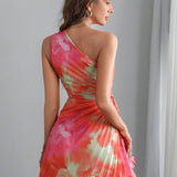 One - Shoulder Pleated Printed Mini Dress