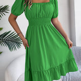 Square Neck Puff Sleeve Smocked Waist Ruffle A-Line Dress