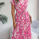 Floral Pleated Tie - Waist Midi Dress