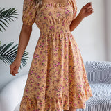Floral Square Neck Smocked Waist Ruffle A-Line Dress