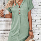 Button - Accent V - Neck Dolman Sleeve Mini Dress