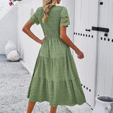 Smocked Tiered Midi Dress with Lace-Trim Sleeves