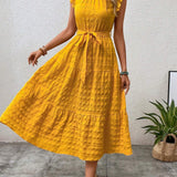 Ruffled Flutter Sleeve Belted Textured Midi Dress