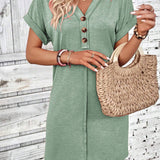 Button - Accent V - Neck Dolman Sleeve Mini Dress