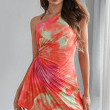 One - Shoulder Pleated Printed Mini Dress