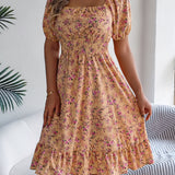 Floral Square Neck Smocked Waist Ruffle A-Line Dress