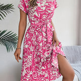 Floral Pleated Tie - Waist Midi Dress