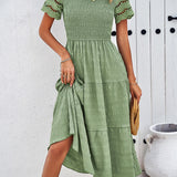 Smocked Tiered Midi Dress with Lace-Trim Sleeves