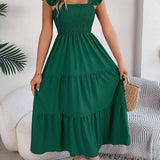 Solid Color Square Neck Ruffle Midi Dress