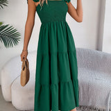 Solid Color Square Neck Ruffle Midi Dress