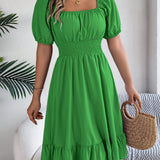 Square Neck Puff Sleeve Smocked Waist Ruffle A-Line Dress