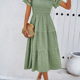 Smocked Tiered Midi Dress with Lace-Trim Sleeves