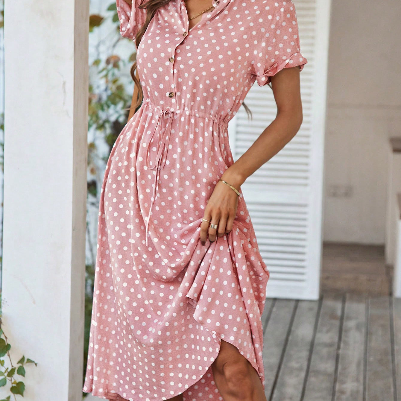 Polka Dot Midi Dress with Drawstring Waist