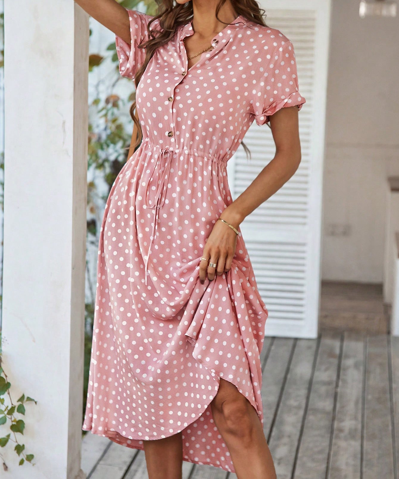 Polka Dot Midi Dress with Drawstring Waist