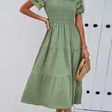 Smocked Tiered Midi Dress with Lace-Trim Sleeves