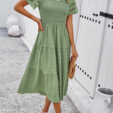 Smocked Tiered Midi Dress with Lace-Trim Sleeves