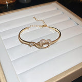 Gold-Plated Zircon Titanium Steel Double-Heart Women’s Bangle