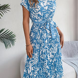 Floral Pleated Tie - Waist Midi Dress