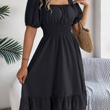 Square Neck Puff Sleeve Smocked Waist Ruffle A-Line Dress