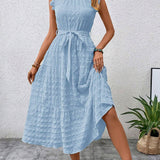 Ruffled Flutter Sleeve Belted Textured Midi Dress