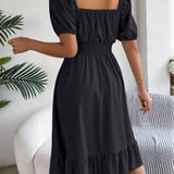Square Neck Puff Sleeve Smocked Waist Ruffle A-Line Dress