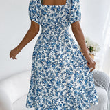 Floral Square Neck Smocked Waist Ruffle A-Line Dress