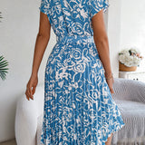 Floral Pleated Tie - Waist Midi Dress