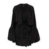 Satin V-Neck Dress with Bell Sleeves