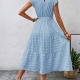 Ruffled Flutter Sleeve Belted Textured Midi Dress