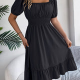 Square Neck Puff Sleeve Smocked Waist Ruffle A-Line Dress