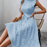 Ruffled Flutter Sleeve Belted Textured Midi Dress