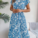 Floral Pleated Tie - Waist Midi Dress