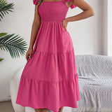 Solid Color Square Neck Ruffle Midi Dress