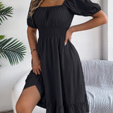 Square Neck Puff Sleeve Smocked Waist Ruffle A-Line Dress