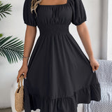 Square Neck Puff Sleeve Smocked Waist Ruffle A-Line Dress
