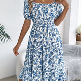 Floral Square Neck Smocked Waist Ruffle A-Line Dress