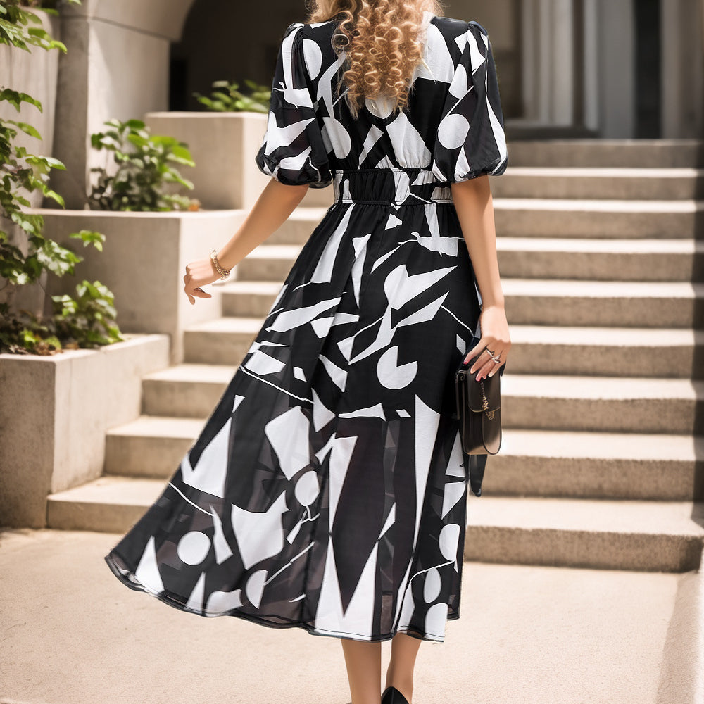 V-neck printed long dress