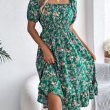 Floral Square Neck Smocked Waist Ruffle A-Line Dress