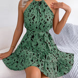 Spring Summer Leopard Print Halter Ruffle Mini Dress