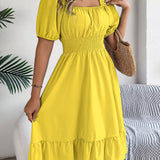 Square Neck Puff Sleeve Smocked Waist Ruffle A-Line Dress