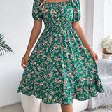 Floral Square Neck Smocked Waist Ruffle A-Line Dress