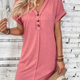 Button - Accent V - Neck Dolman Sleeve Mini Dress