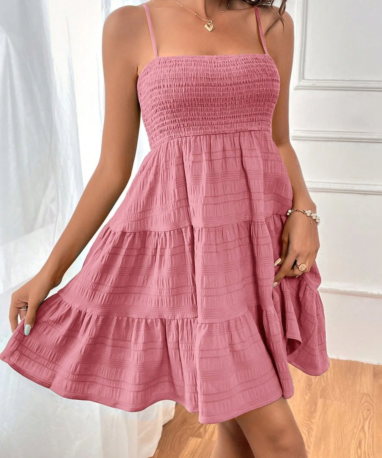 Square Neck Spaghetti Strap Textured Mini Dress