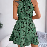 Spring Summer Leopard Print Halter Ruffle Mini Dress