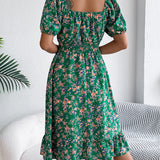 Floral Square Neck Smocked Waist Ruffle A-Line Dress