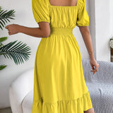 Square Neck Puff Sleeve Smocked Waist Ruffle A-Line Dress