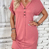 Button - Accent V - Neck Dolman Sleeve Mini Dress